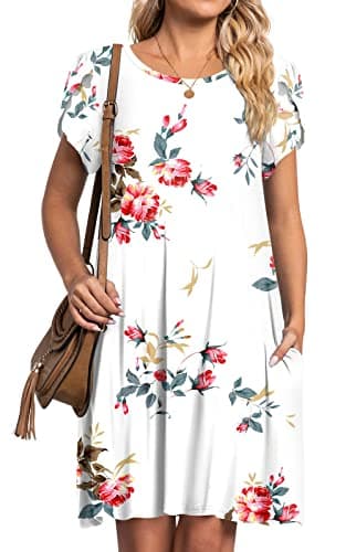 HOTGIFT Women Dresses Summer Casual Dress Swing Beach Sundresses Short Sleeve with Pockets Floral White Large - Image 2