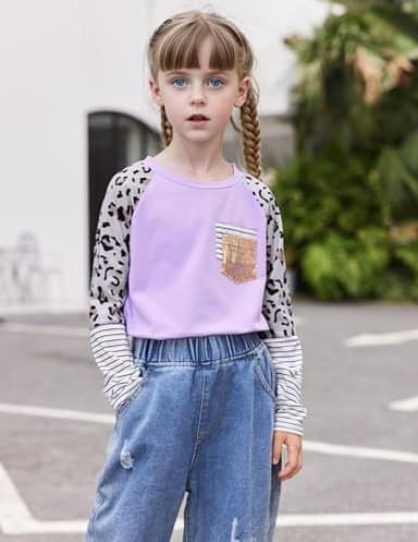 Arshiner Girls t Shirts with Pocket Design Color Block Cute Tops for Girls Purple Purple 10-12 Years - Image 3