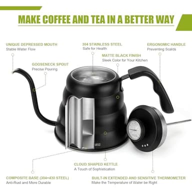 Tea Kettle with Thermometer Pot Black Stovetop Tea Kettle 40oz Gooseneck Kettle Teapot Pour Over Coffee Kettle with Thermometer,1200ml,6 Cup,Black,1Pack - Image 4