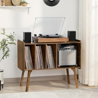 Lerliuo Record Player Stand with 4 Cabinet Holds Up to 220 Albums, Large Turntable Stand with Beech Wood Legs, Mid-Century Record Player Table,Brown Vinyl Holder Storage Shelf for Bedroom Living Room - Image 6