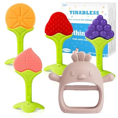 Teething Toys (5 Pack) - Tinabless Infant Teething Relief Toys&Teething Mitten Set, Food Grade Silicone Anti Dropping Wrist Hand Teethers Baby Chew Toys for Sucking Needs, Silicone Baby Teethers(Pink) - Image 1