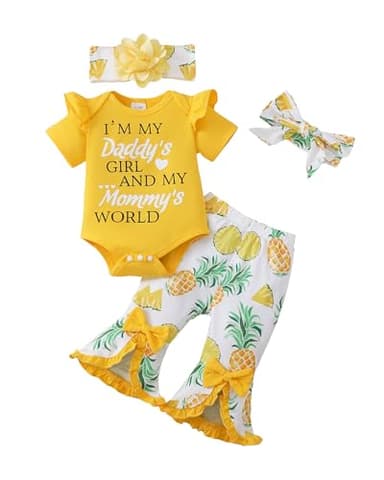 SUNNY PIGGY Newborn Baby Girl Clothes Infant Outfits Romper Floral Fall Outfit Bell Bottoms Pant Sets Hat Headband Flowerpant Yellow 12-18M - Image 1