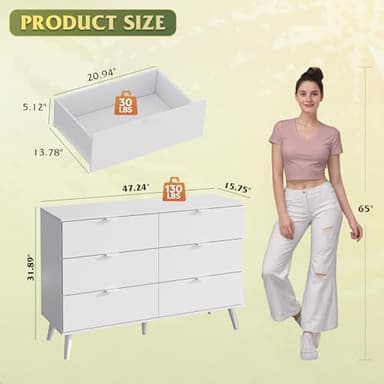 WLIVE 6 Drawer Dresser for Bedroom, 47.24'' Wide Wood White Dresser, Storage Organizer with Sturdy Metal Handle, TV Stand for 55 inch TV, Chest of Drawers for Living Room, Hallway, Closet - Image 3