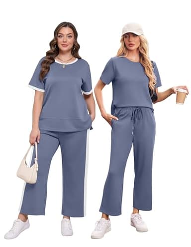 XIEERDUO 2 Piece Outfits for Women Summer Fashion Travel Lounge Sets Spring Tracksuit Airport Loungewear Vacation Clothes Wide Leg Cropped Pants Matching Clothing Set Women's Resort Wear L - Image 3
