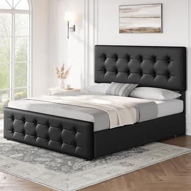 IDEALHOUSE Queen Size Bed Frame with 4 Storage Drawers and Headboard, Faux Leather Upholstered Platform Bed Frame with Wooden Slats Support, Button Tufted Design, No Box Spring Needed, Black - Image 8