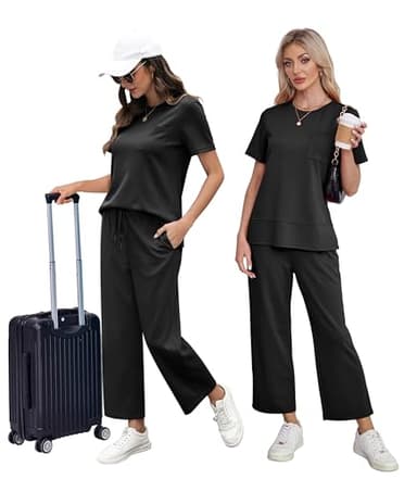 OFEEFAN Lounge Set for Women Two Piece Summer Outfits Loose Travel Short Sleeve Track Suit Wide Leg Loungewear Capri Pants Matching Clothing Set Cruise Wear Women's Airport Vacation Clothes Black XL - Image 5