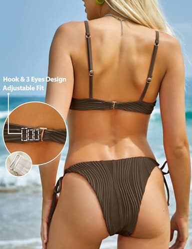 ZAFUL Women's Bikini Sets Ribbed Two Piece Swimsuits Underwire Adjustable Back Clasp Bathing Suit Side Tie Thong Swimwear - Image 5