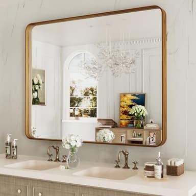 LOAAO 40X36 Inch Bathroom Mirror with Wood Grain Colored Metal Frame, Rounded Rectangle Metal Framed Bathroom Mirror, Anti-Rust, Hangs Horizontally or Vertically, Tempered Glass - Image 3