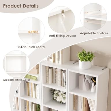 FOTOSOK 2 Pcs 71'' Tall Narrow Bookshelf, 8-Tier Media Tower Rack Set of 2, CD DVD Storage Cabinet with Adjustable Shelves, Tall Narrow Bookcase Skinny Display Bookshelf Slim Shelf, White - Image 6