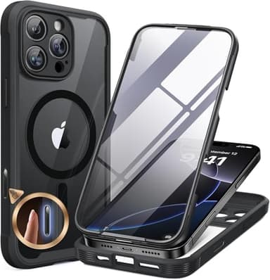 Miracase Magnetic for iPhone 16 Pro Case Full-Body Phone with Built-in Glass Screen Protector, [Compatible with MagSafe] Military Drop Proof 16 Pro Cover Bumper 6.3 inch, Black - Image 1