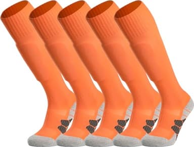 APTESOL Youth Soccer Socks Boys Girls Women Knee High Team Sport Cushion Sock Kids Long Tube Cotton Athletic Compression Socks (5-Pair Orange-A,Small) - Image 1