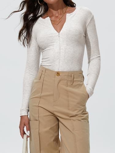 iGENJUN Women Ribbed Long Sleeve Bodysuit Invisible Zip Up Crew Neck Body Suit, Heather Grey, M - Image 2