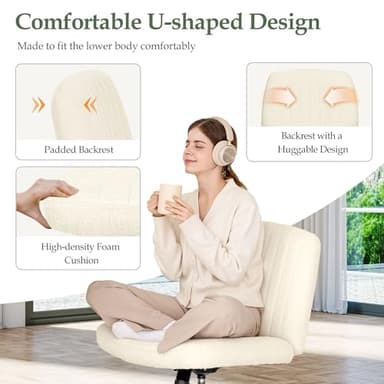 Orange Factory Criss Cross Chair Wheels Wide Cross Legged Office Desk Vanity Dual Base Comfy Fabric Armless Adjustable Swivel for Home Computer Task (Beige) - Image 4