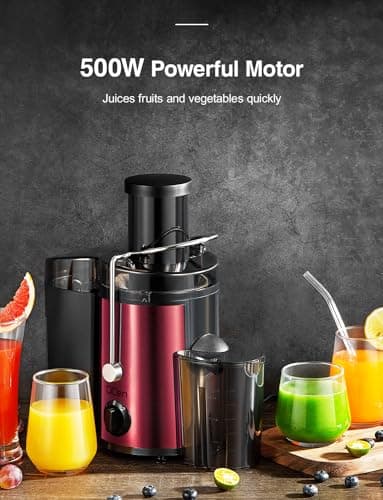 QCen Juicer Machine, 500W Centrifugal Juicer Extractor with Wide Mouth 3” Feed Chute for Fruit Vegetable, Easy to Clean, Stainless Steel, BPA-free (Metallic Red) - Image 5