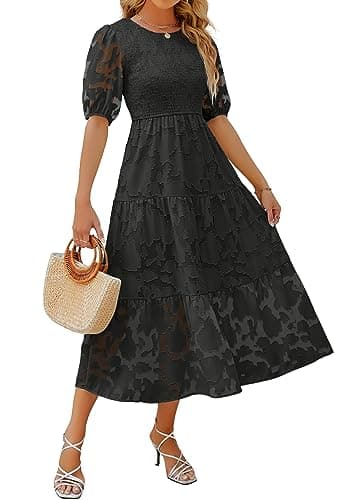 ZESICA Women's 2025 Summer Short Puff Sleeve Crewneck Smocked Floral Lace Flowy A Line Tiered Maxi Dresses,Black,XX-Large - Image 1