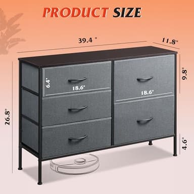 WLIVE Dresser for Bedroom with 5 Drawers, Wide Bedroom Dresser with Drawer Organizers, Chest of Drawers, Fabric Dresser for Living Room, Closet, Hallway, Dark Grey - Image 3