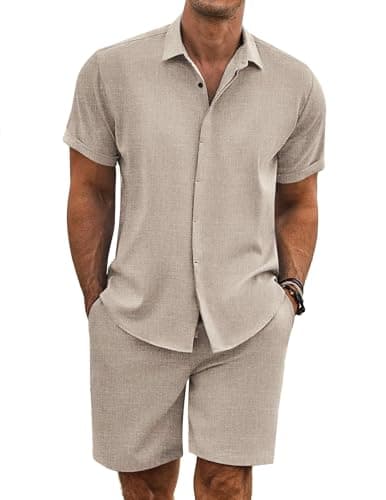 COOFANDY Men's Shirt and Short Sets Cruise Outfits for Men, khaki, X-Large - Image 1