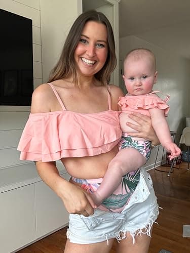 IFFEI Family Matching Swimsuits Ruffles Two Piece Bikini Set Off Shoulder Mommy and Me Bathing Suits with Straps Women: M Pink - Image 3