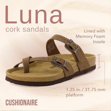CUSHIONAIRE Luna Crossover Toe Strap Womens Sandals – Cork Footbed Slides with Adjustable Straps, Summer Sandals for Women 2025, BROWN 8W - Image 2