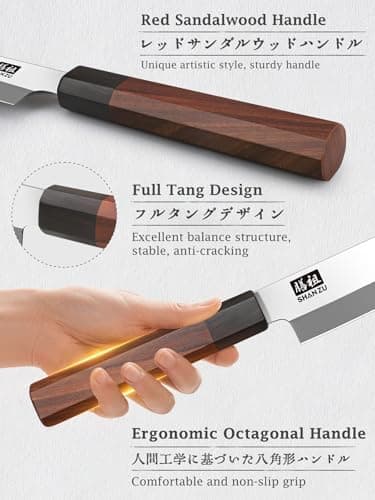 SHAN ZU 10 Inch Sushi Knife, High Carbon Japanese Steel Sashimi Knife, Japanese Knives for Fish Filleting & Slicing, Sushi Making Knives with Red Sandalwood Handle - Image 4