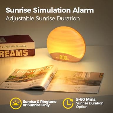 REACHER Natural Wood Grain Sound Machine Sunrise Alarm Clock，26 Nature Inspired Sleeping Sounds, 0-100% Dimmable Clock, Night Light,Brown/Pink/White Noise Sound Machine for Babys, Kids, Adults - Image 7