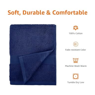 Amazon Basics 6 Piece Oversized Fade resistant Towel set, 100% Cotton towels for bathroom, soft and absorbent, 2 Bath Towels, 2 Hand Towels and 2 Washcloths bathroom towel set, Navy Blue - Image 7