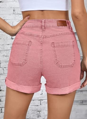 Sidefeel Womens Shorts Casual High Waisted Stretchy Buttoned Folded Hem Jean Shorts Pink Size 8 - Image 4