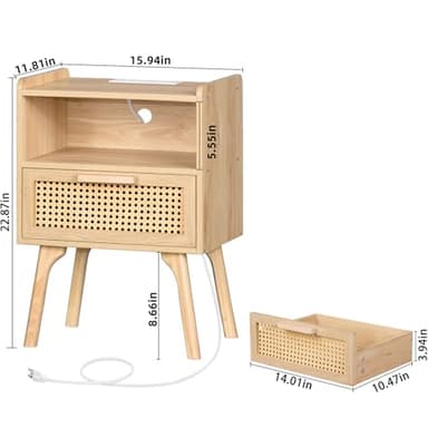 Lerliuo Rattan Nightstands Set of 2 with Charging Station, Boho Side Table with Drawer Open Shelf, Cane Accent Bedside End Table with Solid Wood Legs for Bedroom, Dorm and Small Spaces (Natural) - Image 3