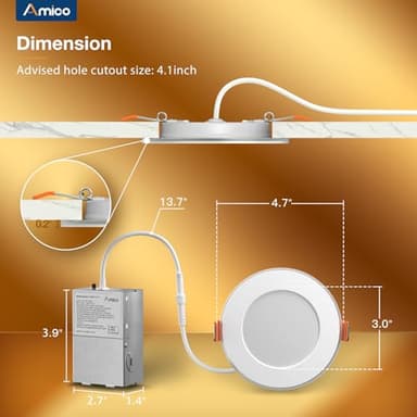 Amico 24 Pack 4 Inch 5CCT LED Recessed Ceiling Light with Night Light, 2700K/3000K/3500K/4000K/5000K Selectable Ultra-Thin Recessed Lighting, 10W=90W, 700LM, Dimmable Canless Wafer Downlight ETL&FCC - Image 5