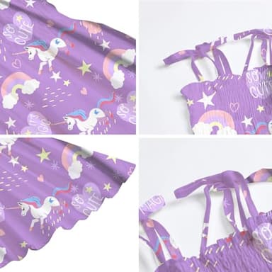 Girl's Women's Summer Spaghetti Strap Beach Dresses Hawaiian Hoilday Smocked Midi Sun Dress Ruffle Square Neck, Unicorn-Purple, US M - Image 3