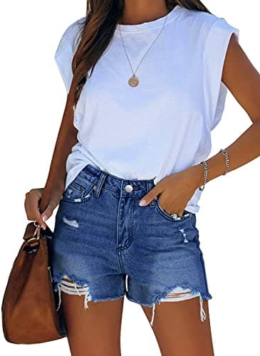 CHICZONE Ripped Jean Shorts Womens Mid High Rise Stretchy Casual Denim Shorts Frayed Raw Hem Navy Blue M - Image 4