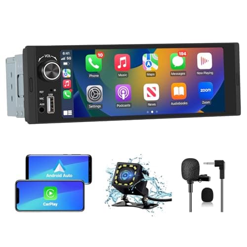 Pyniro Single Din Car Stereo, 6.36 Inch CarPlay & Android Auto HD IPS Touchscreen Radio with Bluetooth with Backup Camera, Support USB Type-C Charging/USB/Mirror Link/Microphone/FM/EQ
