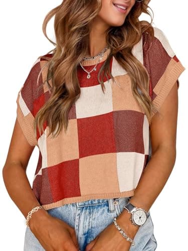 Womens Fall Crop Tops 2025 Cap Short Sleeve Sweater Vest Loose Shirts Business Summer Vacation Outfits Trendy Winter Top - Image 1