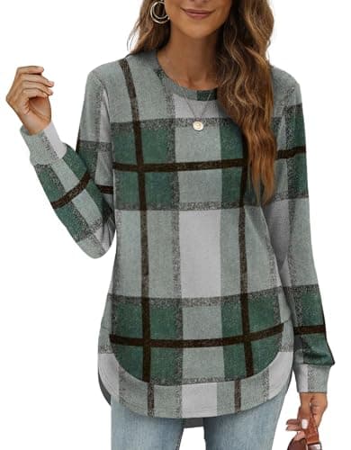 OFEEFAN Cute Sweatshirts for Women Fall Long Sleeve Shirts for Women Plaid Green Xxl - Image 1
