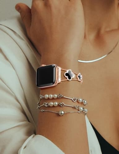 CTYBB Bling Diamond Band Compatible with Apple Watch Bands for Women 40mm 41mm 38mm 42mm Series 11 10 9 8 7 6 5 4 SE 3 2 1, Sparkle Metal Bracelet Wristband, Cute Lucky Clover Dressy iWatch Band,Rose Gold/Black - Image 6