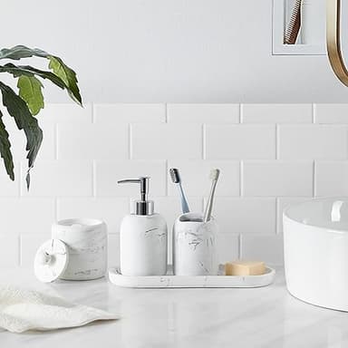 QL DESIGN Bathroom Accessories Set, 5-Piece Resin Bath Accessory Complete Set with Lotion Dispenser/Soap Pump, Cotton Jar, Tray, Tumbler and Toothbrush Holder (Marble Look) - Image 3