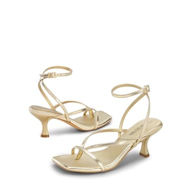 DREAM PAIRS Women's kitten Low Strappy Lace Up Heels Open Square Toe Thong Ankle Strap Heels Sexy Fashion Comfort Dress Shoes Party Sylvestra Pumps Heeled Sandals,Size 8.5,Gold-Pu,SDHS2405W - Image 3