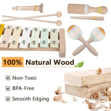 Baby Musical Instruments-Montessori Wooden Toys for Toddlers 1-3,Neutral Colors Percussion Instruments Set with Modern Boho Xylophone for Kids Preschool Educational 3+ - Image 5
