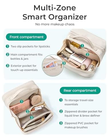 BAGSMART Travel Makeup Bag, Make Up Bag with Multiple Compartments for Organizer, Durable & Compact Cosmetic Organizer for Women for Travel Accessories (Green) - Image 3