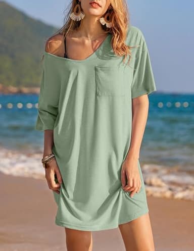 Ekouaer Womens Tshirt Nightgown Cotton V Neck Sleepshirts Comfy Casual Nightshirt for Women, Light Green, 3X-Large - Image 2
