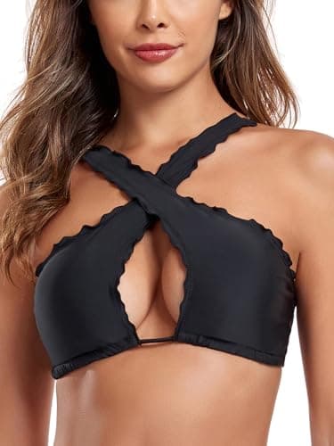 RELLECIGA Women's Black Wavy Halter Bikini Top Criss Cross Cutout Bathing Suit Size X-Large - Image 3