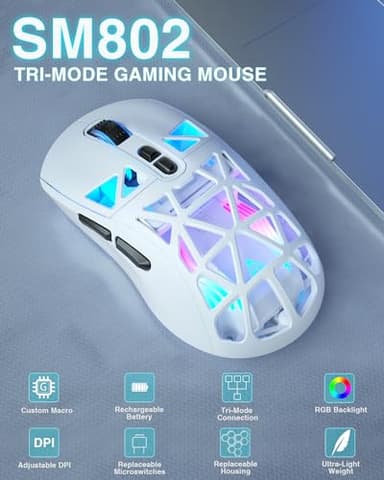 SOLAKAKA SM802 White Wireless Gaming Mouse,10000 DPI,Tri-Mode Wired/BT 5.0/2.4GHz Wireless Mouse Gaming with Side Button,RGB Programmable Macro Mouse for Laptop - Image 2
