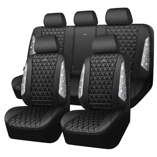 CAR PASS Bling Diamond Leather Car Seat Covers Full Seats Interior Sets, Waterproof Shining Glitter Sparkly Crystal Universal Armrest Fit Automotive Truck SUV Cute Women Girl, Black Silver Rhinestone - Image 1