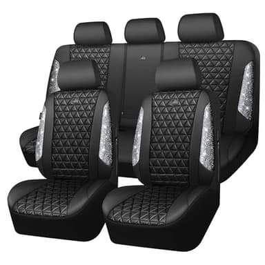 CAR PASS Bling Diamond Leather Car Seat Covers Full Seats Interior Sets, Waterproof Shining Glitter Sparkly Crystal Universal Armrest Fit Automotive Truck SUV Cute Women Girl, Black Silver Rhinestone - Image 1