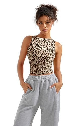 SUUKSESS Women Double Lined Sleeveless Going Out Basic Tank Tops Ruched Summer Casual T Shirts (Leopard, Small) - Image 4