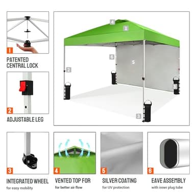 CROWN SHADES 10x10 Pop Up Canopy with 1 Side Wall - Beach Tent with One Push Setup - Outdoor Sun Shade for Events, Parties, Camping - Gazebo with STO-N-Go Cover Bag (Green) - Image 3