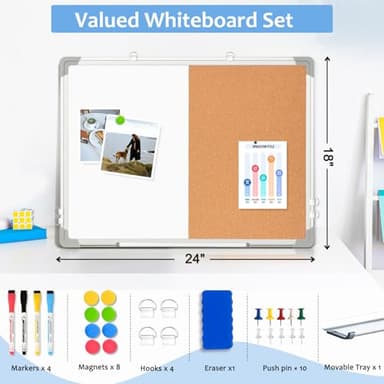 AMUSIGHT 24" x 18" Dry Erase Board & Cork Board Combo for Wall, Magnetic Double-Sided White Board Cork Board Combination Hanging Whiteboard for Planning, Memo, School, Home, Office - Image 3