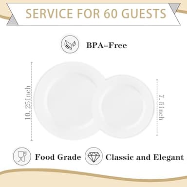 KIRE 120PCS White Plastic Plates - Heavy Duty White Disposable Plates for Party/Wedding - Include 60Pieces 10.25inch White Dinner Plates - 60Pieces 7.5inch White Dessert/Salad Plates - Image 7