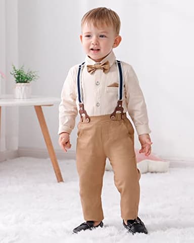 DISAUR Toddler Boy Dress Clothes Apricot Brown Long Sleeve Dress Shirt Bow Tie Suspender Pants Toddler Outfits For Boys 18 Months 2t 24 Months - Image 2