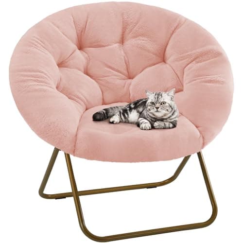 DUMOS Comfy Saucer Chairs Cozy Faux Fur Soft Lounge Cute Folding Bedroom Living Room Seat Flexible Reading Foldable Seating for Kids Adults Thick Padded Metal Frame Modern for Home Office Pink - Image 1
